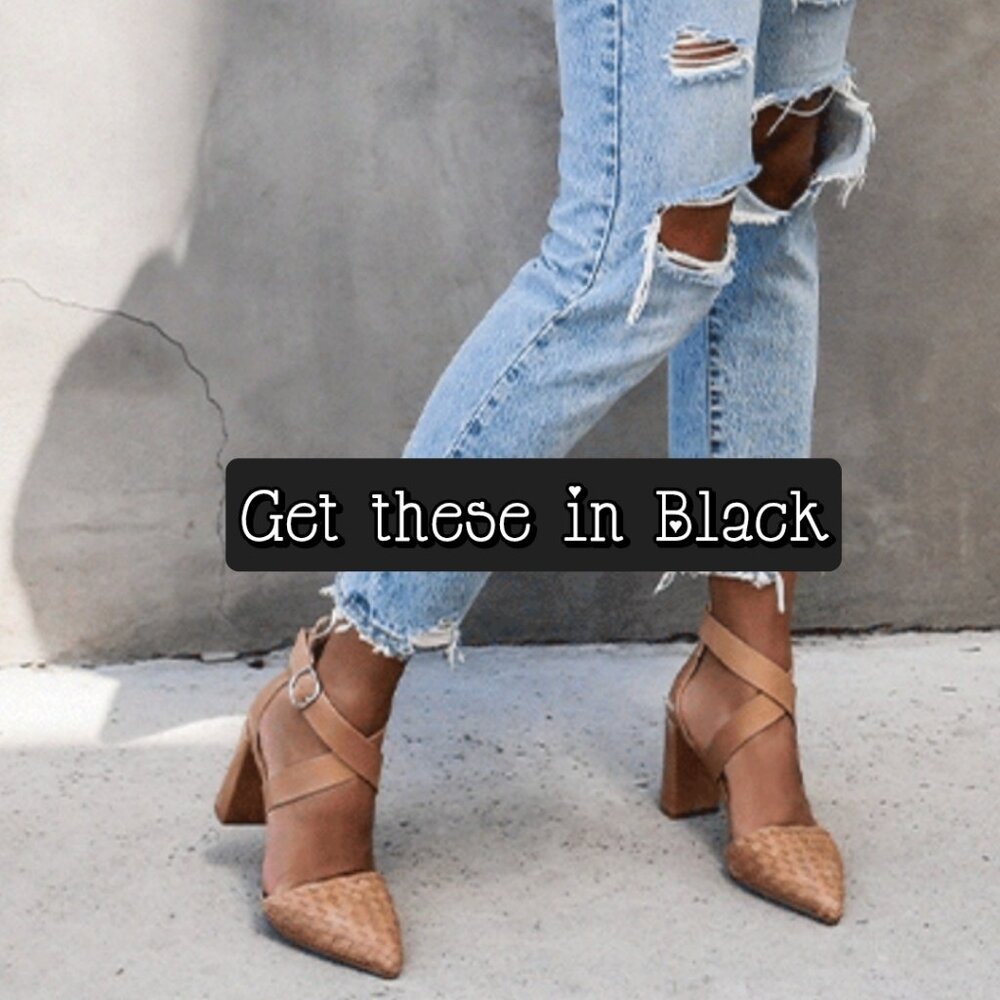 Blk Woven Criss-Cross Stacked Heels
